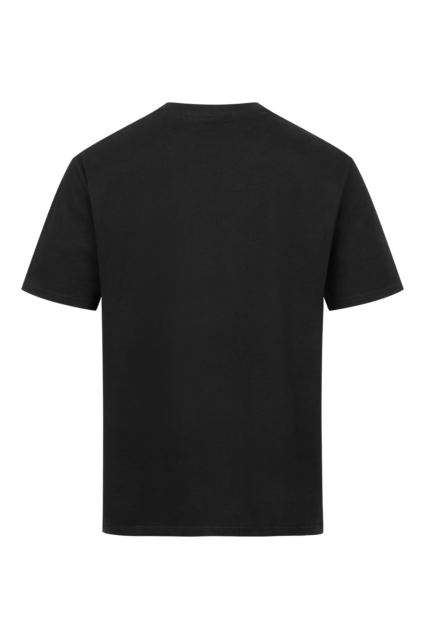 Hier ist ein schwarzes Kurzarm-T-Shirt von hinten abgebildet. Das Shirt ist schlicht gehalten und weist keine sichtbaren Logos, Motive oder Texte auf. Der Stoff wirkt glatt und leicht reflektierend. Dieses OVERSIZE BASIC SHIRT von RAPANUI ORIGINAL verfügt über einen Rundhalsausschnitt und garantiert nachhaltige Qualität nach Control Union-Standards.