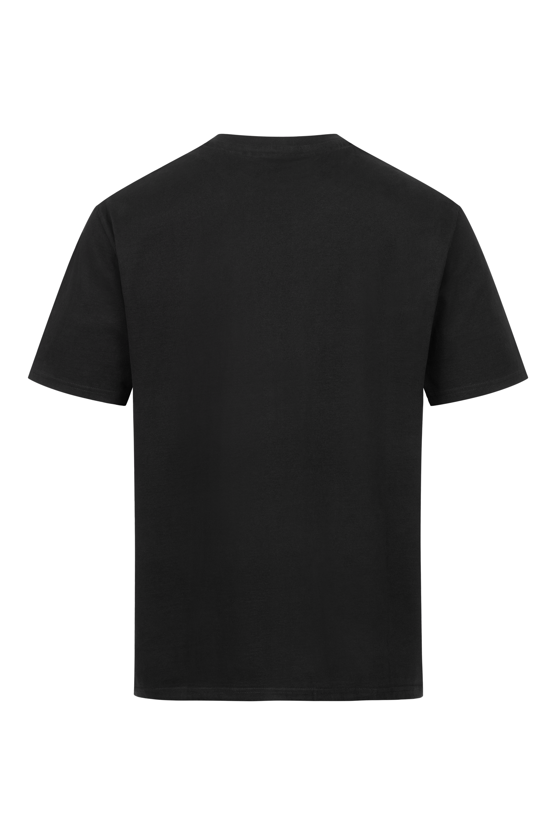 Hier ist ein schwarzes Kurzarm-T-Shirt von hinten abgebildet. Das Shirt ist schlicht gehalten und weist keine sichtbaren Logos, Motive oder Texte auf. Der Stoff wirkt glatt und leicht reflektierend. Dieses OVERSIZE BASIC SHIRT von RAPANUI ORIGINAL verfügt über einen Rundhalsausschnitt und garantiert nachhaltige Qualität nach Control Union-Standards.