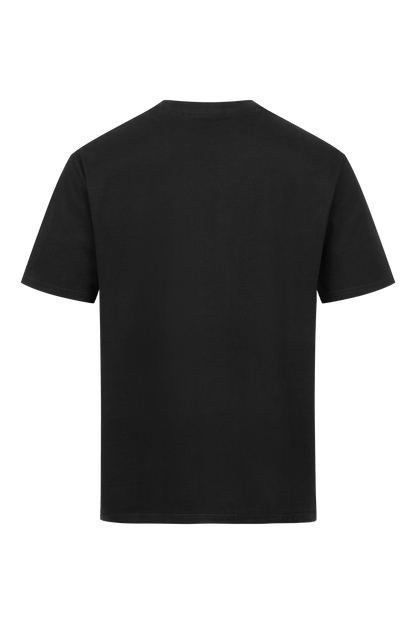 Hier ist ein schwarzes Kurzarm-T-Shirt von hinten abgebildet. Das Shirt ist schlicht gehalten und weist keine sichtbaren Logos, Motive oder Texte auf. Der Stoff wirkt glatt und leicht reflektierend. Dieses OVERSIZE BASIC SHIRT von RAPANUI ORIGINAL verfügt über einen Rundhalsausschnitt und garantiert nachhaltige Qualität nach Control Union-Standards.