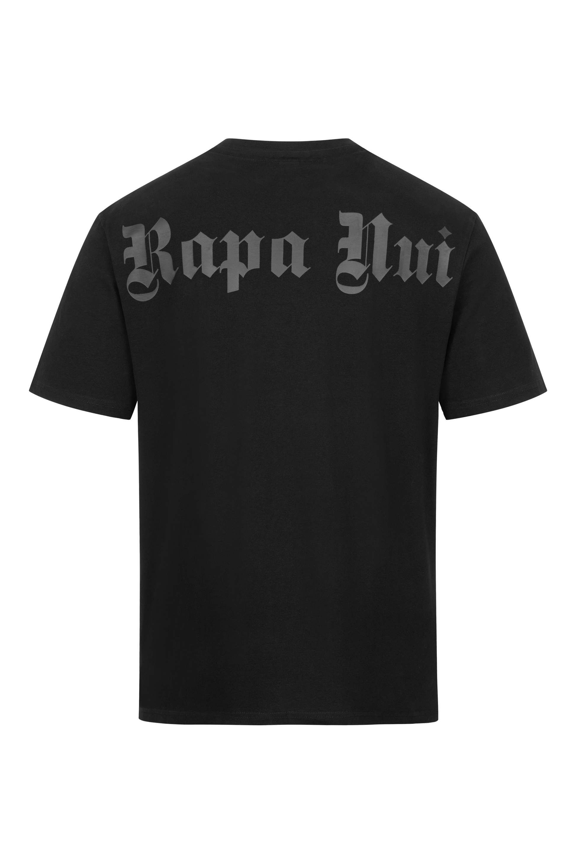 OVERSIZE-SHIRT MIT LOGO UND RÜCKENDRUCK von RAPANUI ORIGINAL mit dem Text „Rapa Nui“ in gotischer Schrift auf dem oberen Rücken aufgedruckt, Control Union-zertifiziert CU 833078.