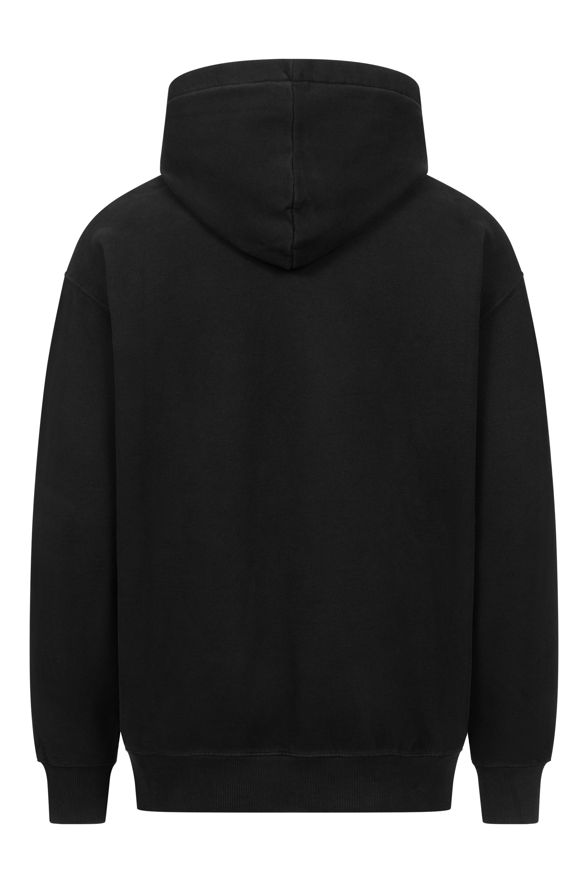 Schwarzes Kapuzensweatshirt von hinten. Der RAPANUI ORIGINAL OVERSIZE BASIC HOODIE hat ein schlichtes Design ohne sichtbare Logos oder Muster und verfügt über eine Kapuze mit Kordelzug und lange Ärmel. Der Stoff scheint weich und bequem zu sein und ist von Control Union zertifiziert (CU 833078).