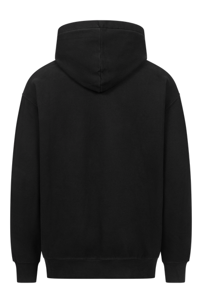 Schwarzes Kapuzensweatshirt von hinten. Der RAPANUI ORIGINAL OVERSIZE BASIC HOODIE hat ein schlichtes Design ohne sichtbare Logos oder Muster und verfügt über eine Kapuze mit Kordelzug und lange Ärmel. Der Stoff scheint weich und bequem zu sein und ist von Control Union zertifiziert (CU 833078).